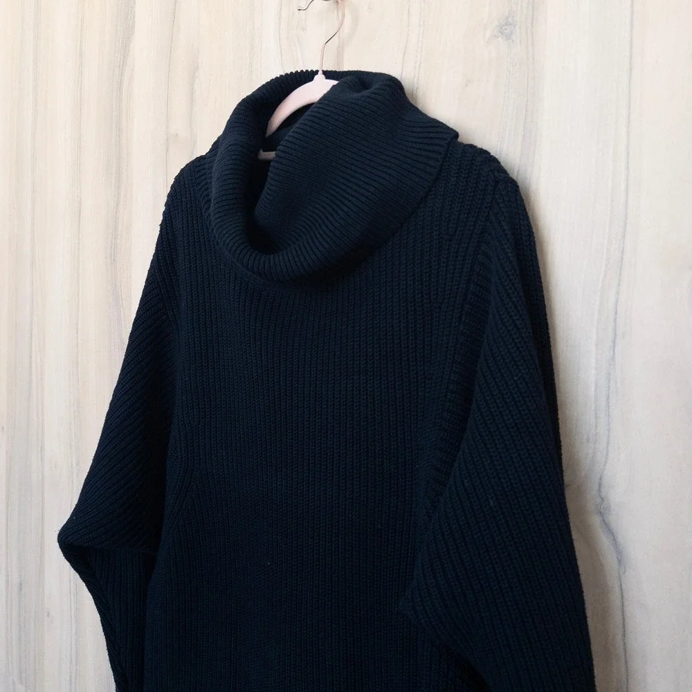 Banana Republic Women Tunic Sweater XL Black Cowl Neck Ribbed Heavy Knit Classic
